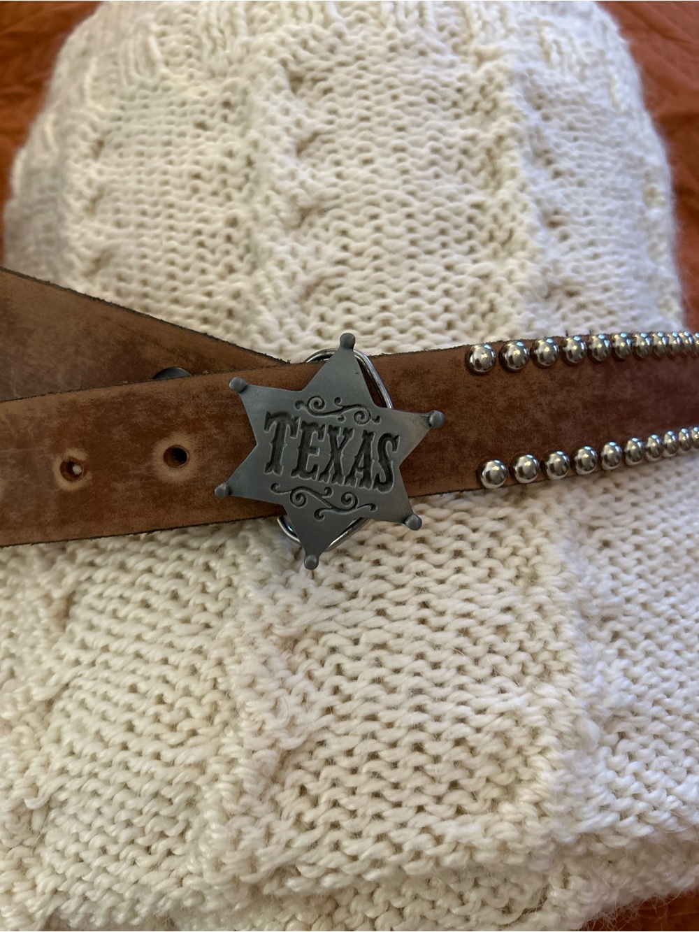 Brown Studded Leather Belt with 'TEXAS' Sheriff Star Buckle
